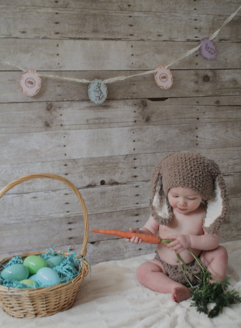 PREORDER 2T to 4T Toddler Bunny Hat and Diaper Cover Set, Crochet Brown & Cream Rabbit Ears Beanie, Cute Childrens Photo Prop Halloween Gift image 1