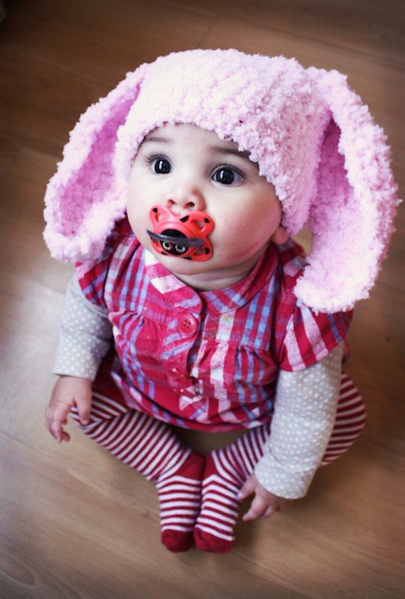 3 to 6m Baby Pink Bunny Hat Infant Girl Crochet Bunny Ears image 1