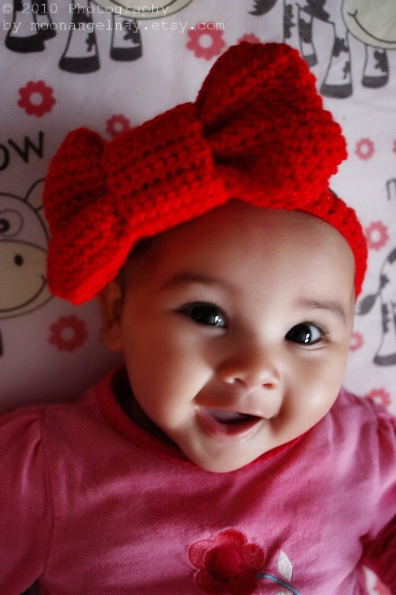 6 to 12m Red Baby Bowtie Crochet Headband Baby Girl Oversized image 3