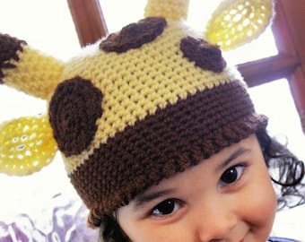 PRE-ORDER 12 to 24m Toddler Giraffe Hat in Yellow and Brown, Girl & Boy Jungle Safari Polka Dot Baby Beanie, Childrens Wild Animal Costume