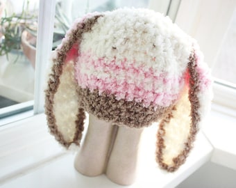 PRE-ORDER 5T to Teen Brown Pink and Cream Stripe Rabbit Beanie, Cute Bunny Ears for Girls, Childrens Animal Hat for Kids, Easter Gift Idea