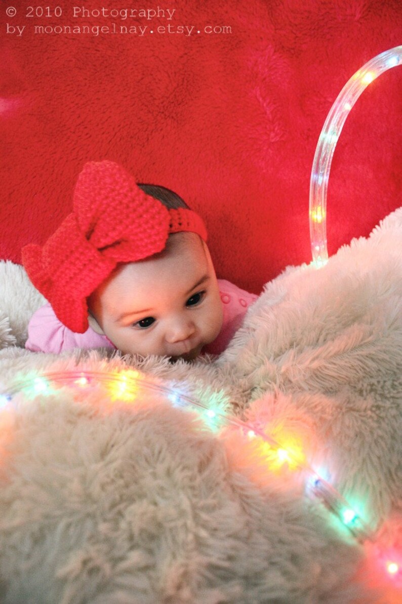 6 to 12m Red Baby Bowtie Crochet Headband Baby Girl Oversized image 1