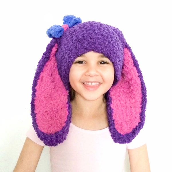 PREORDER 5T to Teen Bunny Bow Hat, Purple & Raspberry Pink Rabbit Ear Girl Blue Bow Tie Beanie, Childrens Animal Halloween Costume Accessory
