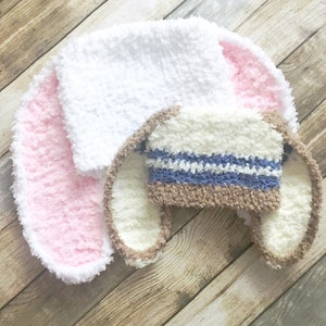 PRE-ORDER 3 to 6m Baby Boy Bunny Ears Beanie With Blue Stripes Brown & Cream, Infant Rabbit Animal Costume Hat and Easter Baby Shower Gift image 8