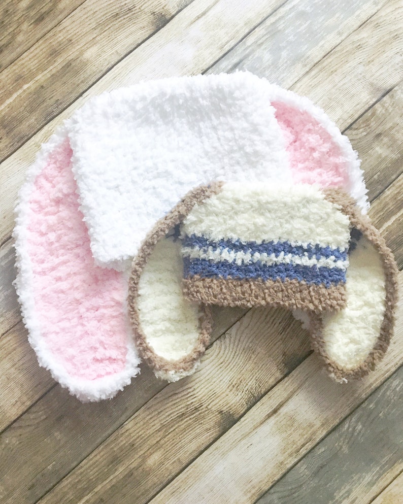 PRE-ORDER 3 to 6m Baby Boy Bunny Ears Beanie With Blue Stripes Brown & Cream, Infant Rabbit Animal Costume Hat and Easter Baby Shower Gift image 8