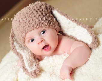 PRE-ORDER 0 to 3m Newborn Baby Brown Bunny Ears Beanie, Girls and Boys Unisex Infant Fuzzy Rabbit Hat, Easter Woodland Animal Sitter Prop