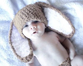 PREORDER 3 to 6m Easter Bunny Ears Hat in Brown and White Woodland Animal Costume Beanie, Crochet Infant Girl & Boy Accessory Halloween Gift