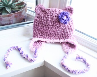 Rose, Baby Roze en Paarse Mama Bear Hat Earflap Flower Beanie, Gehaakte Moederdag Womens Animal Kostuum Hoofd Gear, Warme Mode Accessoire