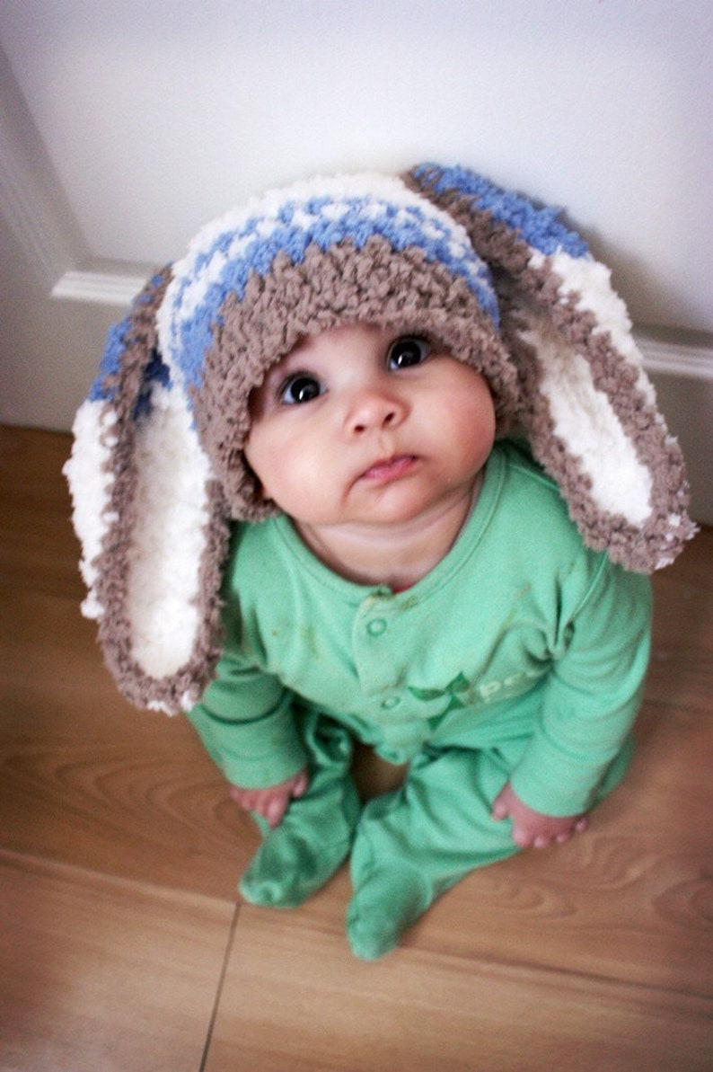 PRE-ORDER Baby Boy Bunny Ears Easter Hat, Crochet Blue Stripe Easter Rabbit Costume Beanie, Choose Newborn, Toddler, Kids & Adult Sizes image 1