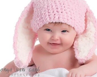 PRE-ORDER 3 to 6m Baby Pink and White Easter Bunny Hat, Infant Girl Rabbit Ears Beanie, Woodland Critter Photo Prop or Halloween Costume