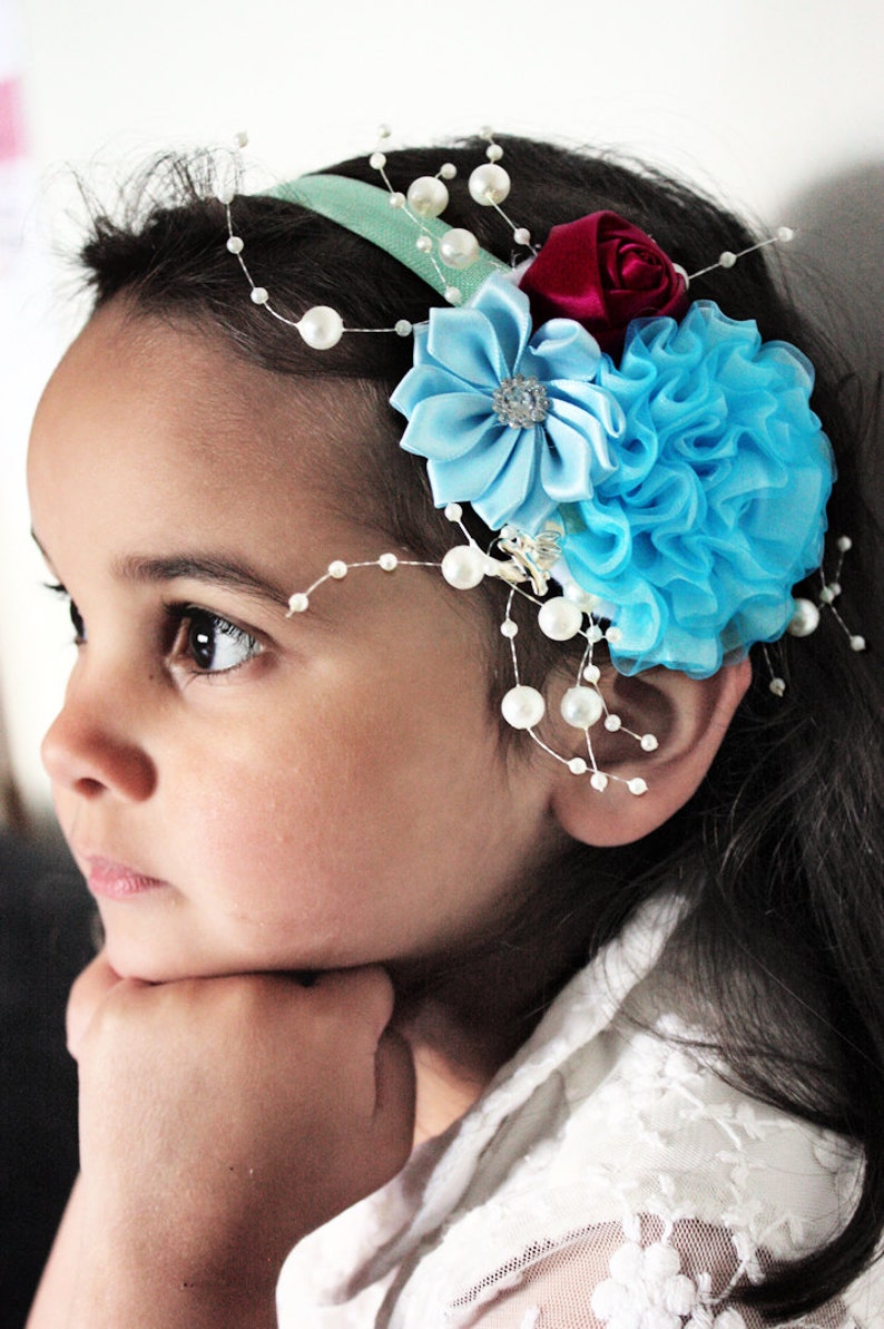 Blue Flower Hair Piece Pearl Headband Bridesmaid Flowers Hair Accessories 5T to Adult Wedding Headpiece Flower Girl Gift Flower Headband
