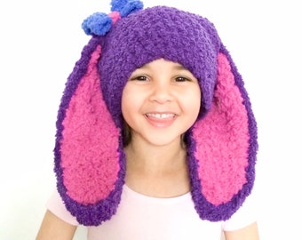 PRE-ORDER 2T to 4T Toddler Girl Blue Bow Bunny Hat, Crochet Purple Raspberry Bunny Ears Halloween Costume Beanie, Soft Fluffy Childrens Gift