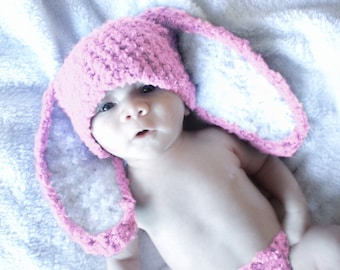 PRE-ORDER 6 to 12m Baby Pink and White Bunny Hat, Rabbit Ears Beanie For Girls, Fluffy Animal Dress Up Photo Prop or Children's Easter Gift