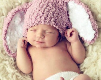 PRE-ORDER Premature Newborn Rose Pink Bunny Ears Hat, Tiny Reborn Girl Soft Crochet Rabbit Costume Beanie, Preemie Easter Baby Shower Gift