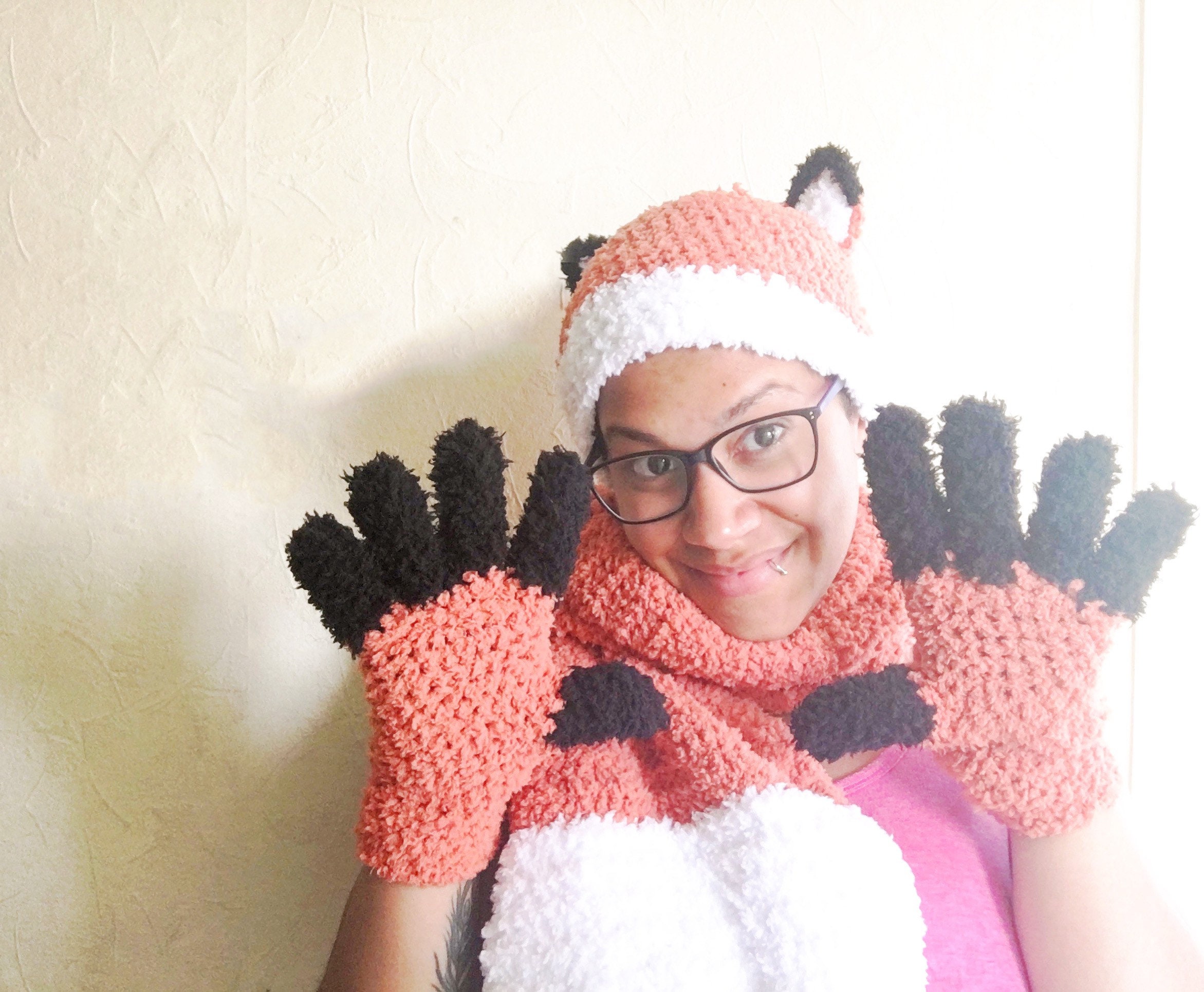 Boys N Girls Cute Fox Shape Hat /& Scarf Wooly Earflap Hood Scarf Warm Winter