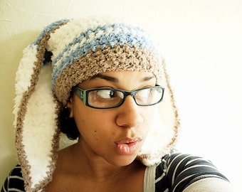Adult Size Blue Stripe Bunny Ears Hat, Crochet Unisex Men & Womens Rabbit Spring Beanie Gift, Big Chunky Easter Woodland Cosplay Costume