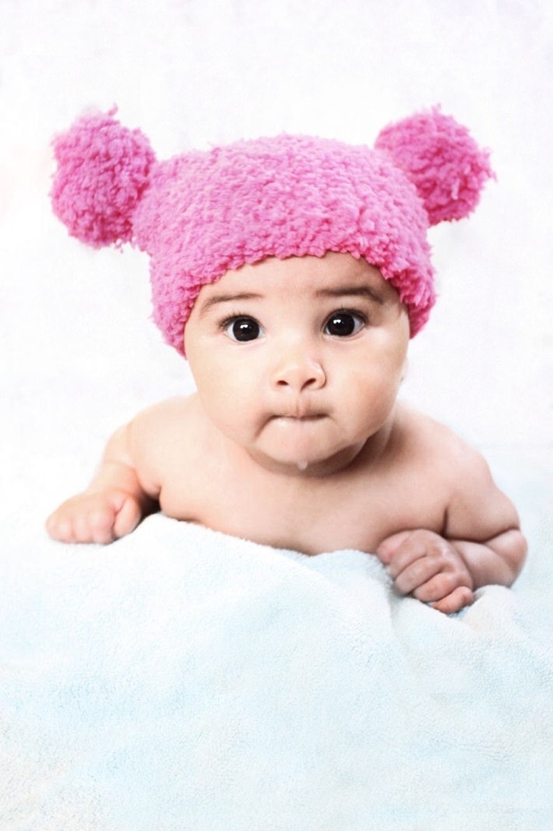 PRE-ORDER Preemie Newborn Pom Pom Hat, Hot Pink Premature Infant Shower Gift, Crochet Double Bobble Beanie, Pompom New Baby Photo Prop image 1