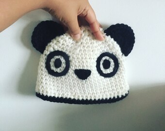 PREORDER 3 to 6m Panda Bear Black and White Baby Hat, Infant Girls or Boys Animal Beanie, Wild Creatures Monochrome Halloween Costume Prop