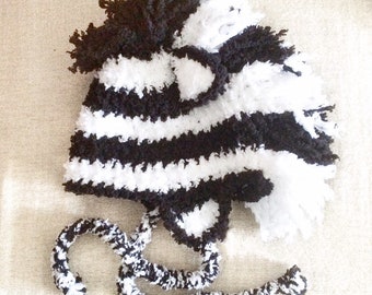 PRE-ORDER 0 to 3m Newborn Zebra Earflap Hat, Infant Zoo Animal Baby Shower Gift, Black & White Stripe Beanie, Halloween Kids Photo Prop