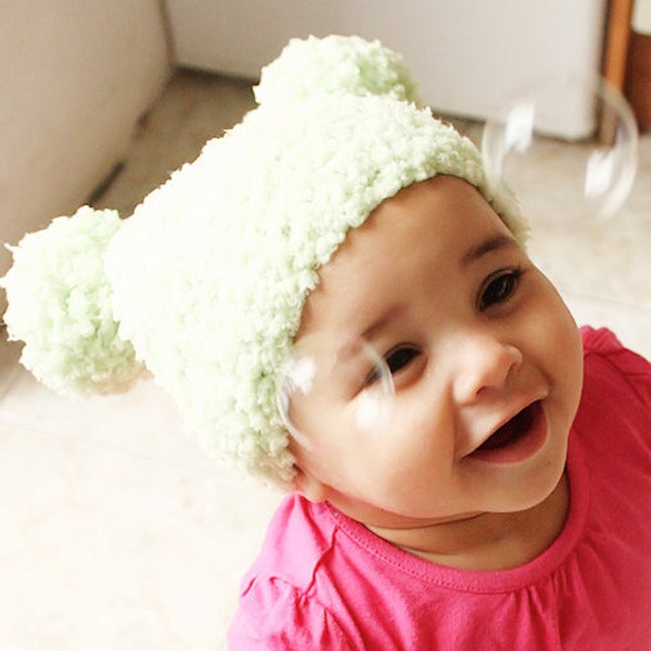 PRE-ORDER 12 to 24m Lime Green Pom Pom Bobble Hat, Crochet Baby Double Pompom Beanie, Unisex Girl or Boy Toddler St Patricks Day Accessory