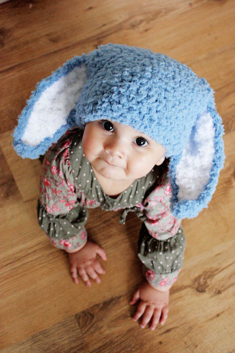 PREORDER 6 to 12m Baby Boy Blue and White Easter Bunny Ears Hat, Woodland Animal Rabbit Ears Photo Prop, Crochet Halloween Costume Accessory image 1