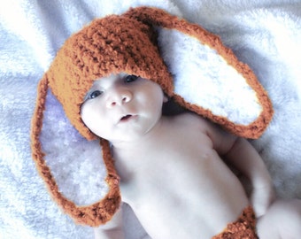PREORDER 3 to 6m Baby Bunny Hat in Orange & White, Flopsy Rabbit Ears, Crochet Warm Take Home Beanie, Easter Photograpy Prop and Shower Gift