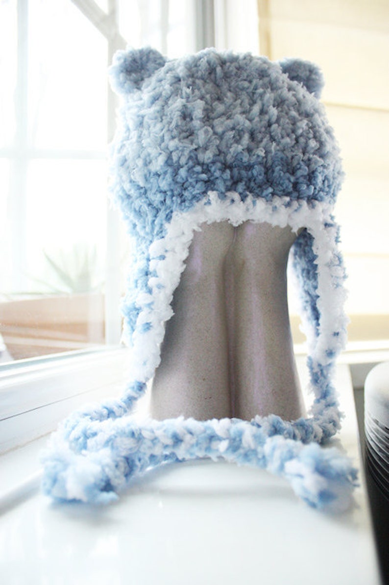 12 to 24m Toddler Earflap Bear Beanie Baby Hat Crochet Bear Hat Lagoon Blue Light Blue White EarFlap Hat Bear Photo Prop