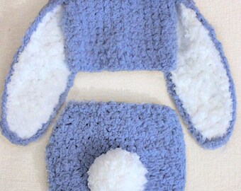 PREORDER 0 to 3m Newborn Boy Bunny Hat and Bobtail Diaper Cover Set, Blue & White Baby Infant Rabbit Ear Easter Costume, Halloween Gift Idea