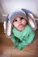 3 to 6m Baby Boy Bunny Ears Beanie With Blue Stripes Brown & Cream, Crochet Rabbit Animal Hat Infant Easter Costume and Baby Shower Gift 