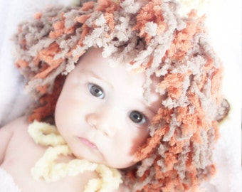 PRE-ORDER 3 to 6m Baby Lion Cub Hat, Mini King of Beasts Infant Jungle Animal Beanie, Halloween Infant Mane Bonnet In Yellow, Orange & Brown