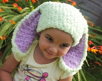 PREORDER 12 to 24m Lime Green and Lilac Baby Bunny Hat, Long Ears Rabbit Toddler Beanie For Girls & Boys, Special Halloween Accessory Gift