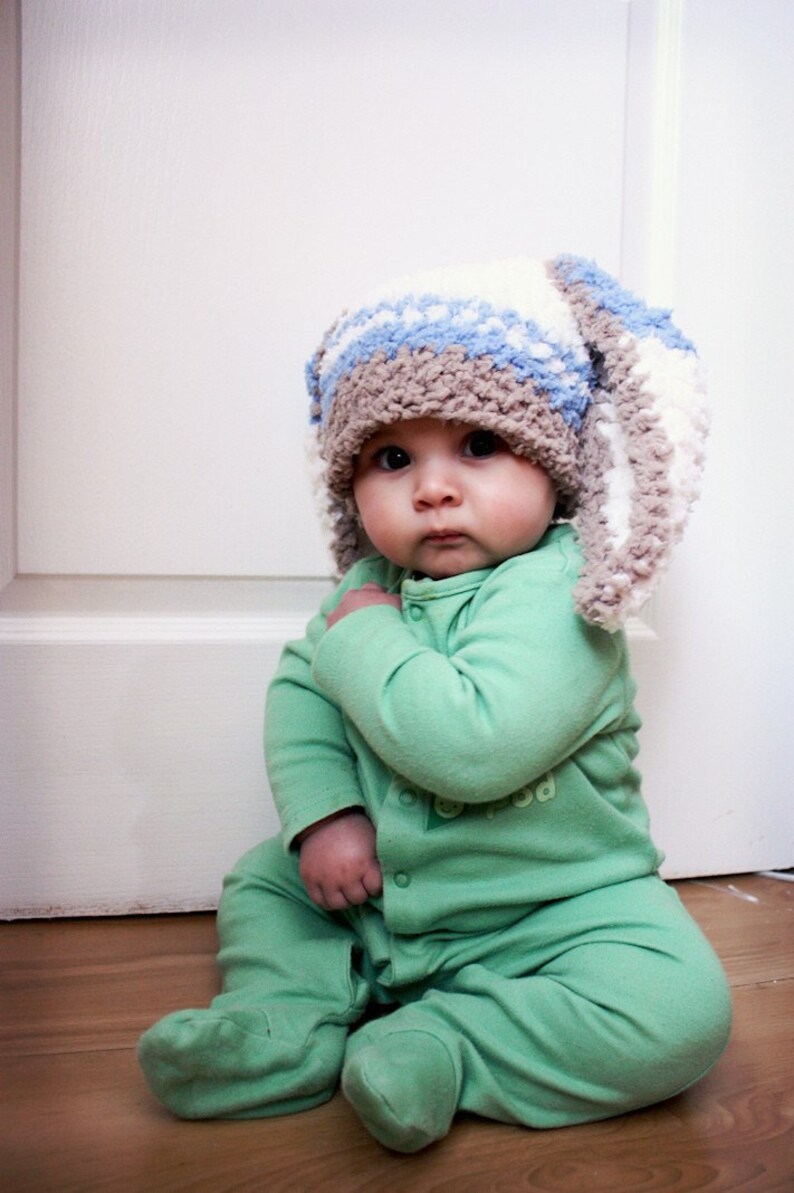 PRE-ORDER 3 to 6m Baby Boy Bunny Ears Beanie With Blue Stripes Brown & Cream, Infant Rabbit Animal Costume Hat and Easter Baby Shower Gift image 5