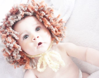 PREORDER 6 to 12m Lion Hat Baby Lion Mane Hat Animal Hat Baby Bonnet Crochet Lion Baby Hat Yellow Brown Orange Baby Photo Prop