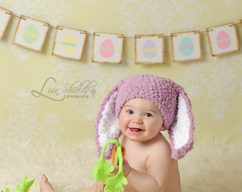 PRE-ORDER 3 to 6m Bunny Ears Hat in Dusty Rose Pink For Baby Girl, Cute Infant Rabbit Costume Beanie, Handmade Easter 2020 Photograpy Prop