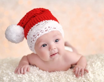 PRE-ORDER 0 to 3m Newborn Baby Father Christmas Hat, Boys and Girls Santa Claus Kids Pom Pom Beanie, Red and White Festive Elf Infant Gift