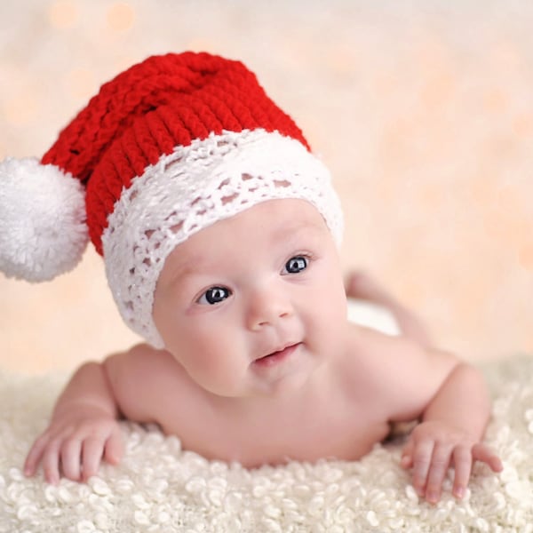 PRE-ORDER 0 to 3m Newborn Baby Father Christmas Hat, Boys and Girls Santa Claus Kids Pom Pom Beanie, Red and White Festive Elf Infant Gift