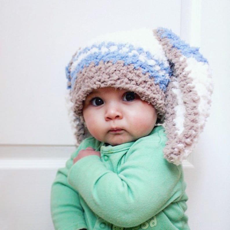 PRE-ORDER 3 to 6m Baby Boy Bunny Ears Beanie With Blue Stripes Brown & Cream, Infant Rabbit Animal Costume Hat and Easter Baby Shower Gift image 3