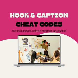 May include: A laptop screen displays a presentation with the text "HOOK & CAPTION CHEAT CODES" and "CREATE SCROLL-STOPPING HOOKS + CAPTIONS IN MINUTES". The background is pink and white with a group of people in a meeting.