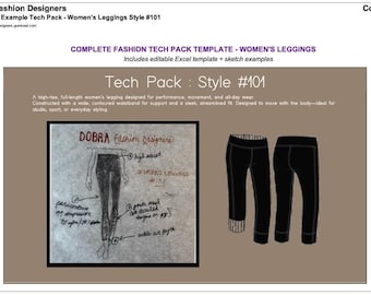 Puede incluir: Una plantilla de ficha técnica para leggings de mujer, estilo #101, con un boceto y detalles de diseño. La imagen incluye un dibujo del legging y vistas frontal y trasera del legging negro.