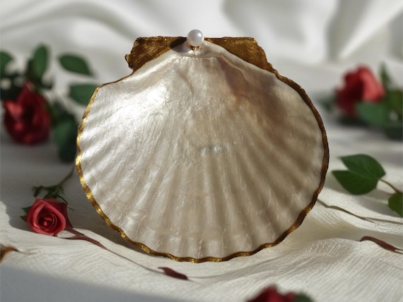 Scallop shell white pearl trinket tray/ring dish with gold rim and pearl