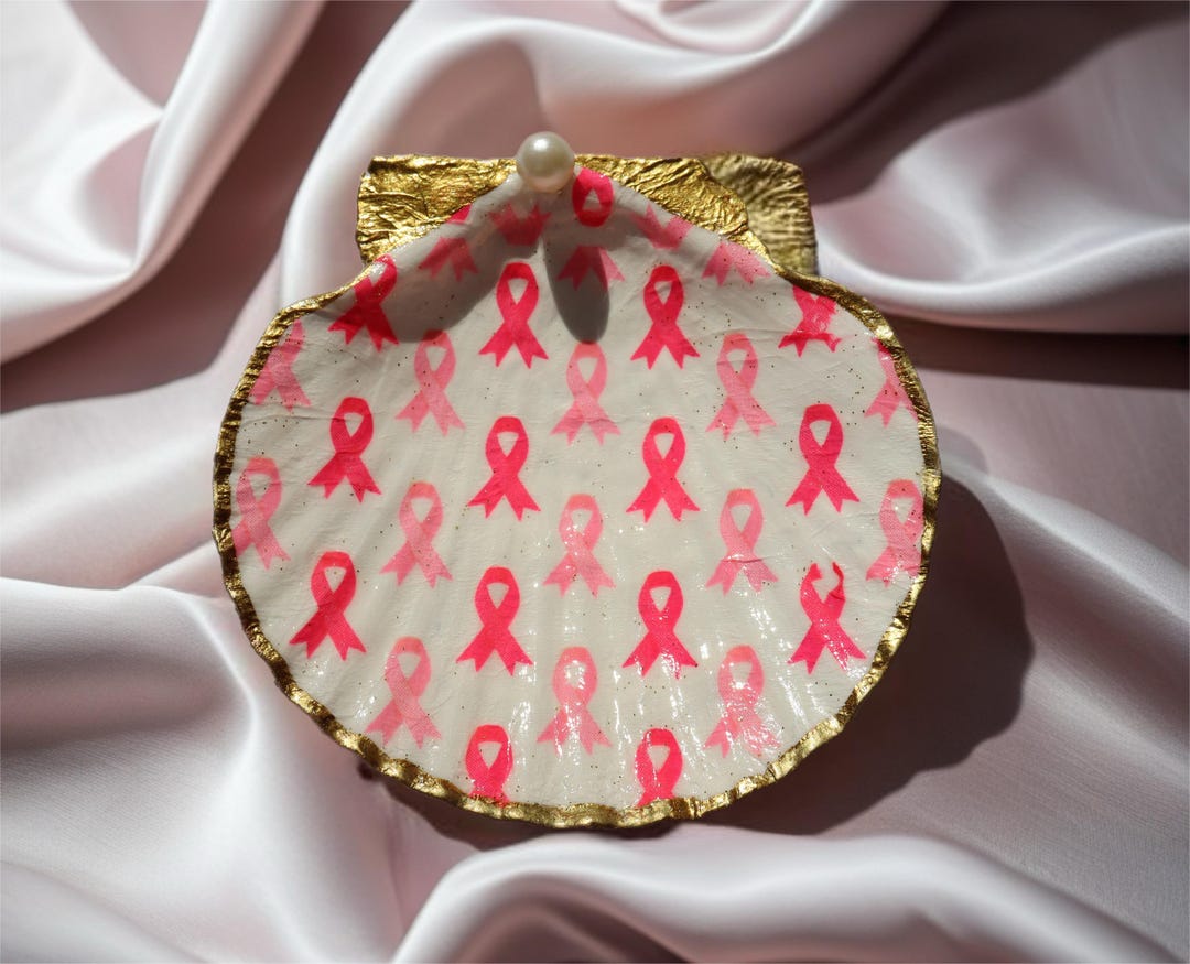 Scallop Shell Breast Cancer Awareness Ribbon Design Decoupaged Trinket ...