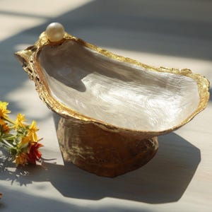 Puede incluir: Un cuenco decorativo de concha de ostra con borde y base dorados, coronado por una perla. El interior tiene un acabado nacarado. Un pequeño ramo de flores amarillas y naranjas descansa junto al cuenco.