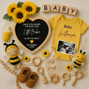 Bee Pregnancy Announcement, Honey Bee Baby Reveal, Gender Neutral Digital Template, Editable Flat Lay Design, Social Media Baby Announcement