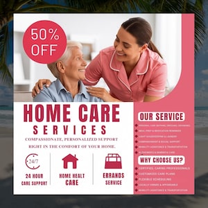 Home Care Service Flyer, bearbeitbare Vorlage für Senioren- und Altenpflege, DIY Flyer für Gesundheitshilfe, vorgefertigtes Design für die Gesundheit von zu Hause,
