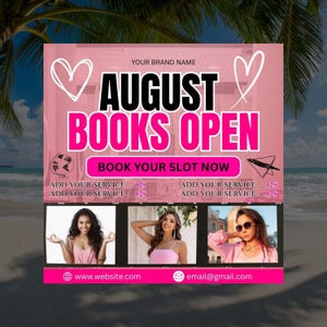 August Booking Flyer Template • DIY Back to School Appointment Canva Design • Hair, Lashes, Nails, Makeup, Wigs Social Media Promo, , August