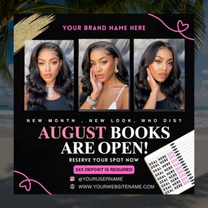 August Booking Flyer, Back to School Sale Flyer, Hair Lash Nail Braid Wig Appointment Template, Beauty Service Canva Editable Flyer