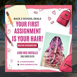 Back to School Hair Flyer, Braid Special Beauty Flyer, Editable August Booking Canva Template, DIY Hair Salon Promo, School Sale Flyer