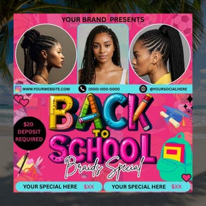新学期チラシ、ネイル＆ヘアサロン予約テンプレート、新学期セール、ブレイドまたはネイルサロン予約チラシ、編集可能なCanvaデザイン