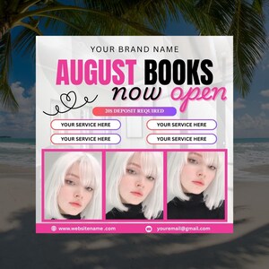 August Booking Flyer Template, DIY Appointment Flyer for Hair Lashes Nails, Editable Social Media Post, Book Now Beauty Salon Canva Design