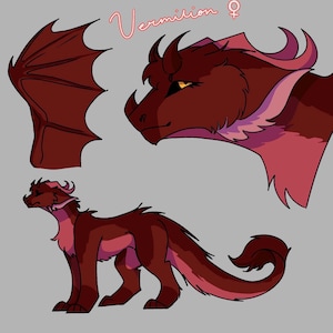 May include: A digital character reference sheet featuring a dragon named Vermilion. The illustration displays a full-body side profile, a detailed headshot, and a separate wing. The creature has deep red fur, pink accents, and yellow eyes.